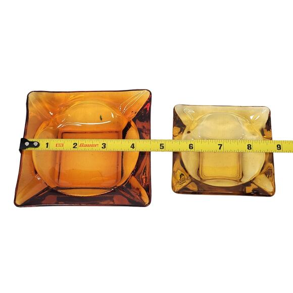 Vtg Lot of 2 Amber Glass MCM Slotted Square 3" & 4.5" Ashtray Bundle Collectible - Picture 2 of 14